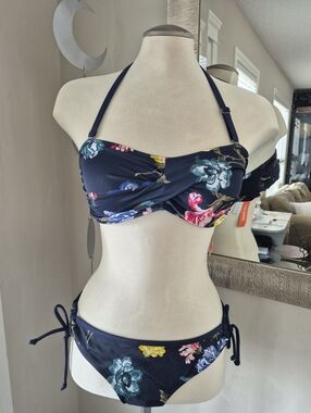 Joe Fresh Navy Floral Twist Bandeau Bikini with Tie-Side Bottoms